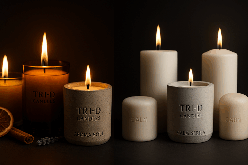 TRI-D Candles hero kép két kollekcióval: bal oldalon az Aroma Soul illatgyertyák meleg, narancsfényű hangulatban, jobb oldalon a Calm Series illatmentes gyertyák hidegebb, natur tónusban, prémium fotóstílusban.